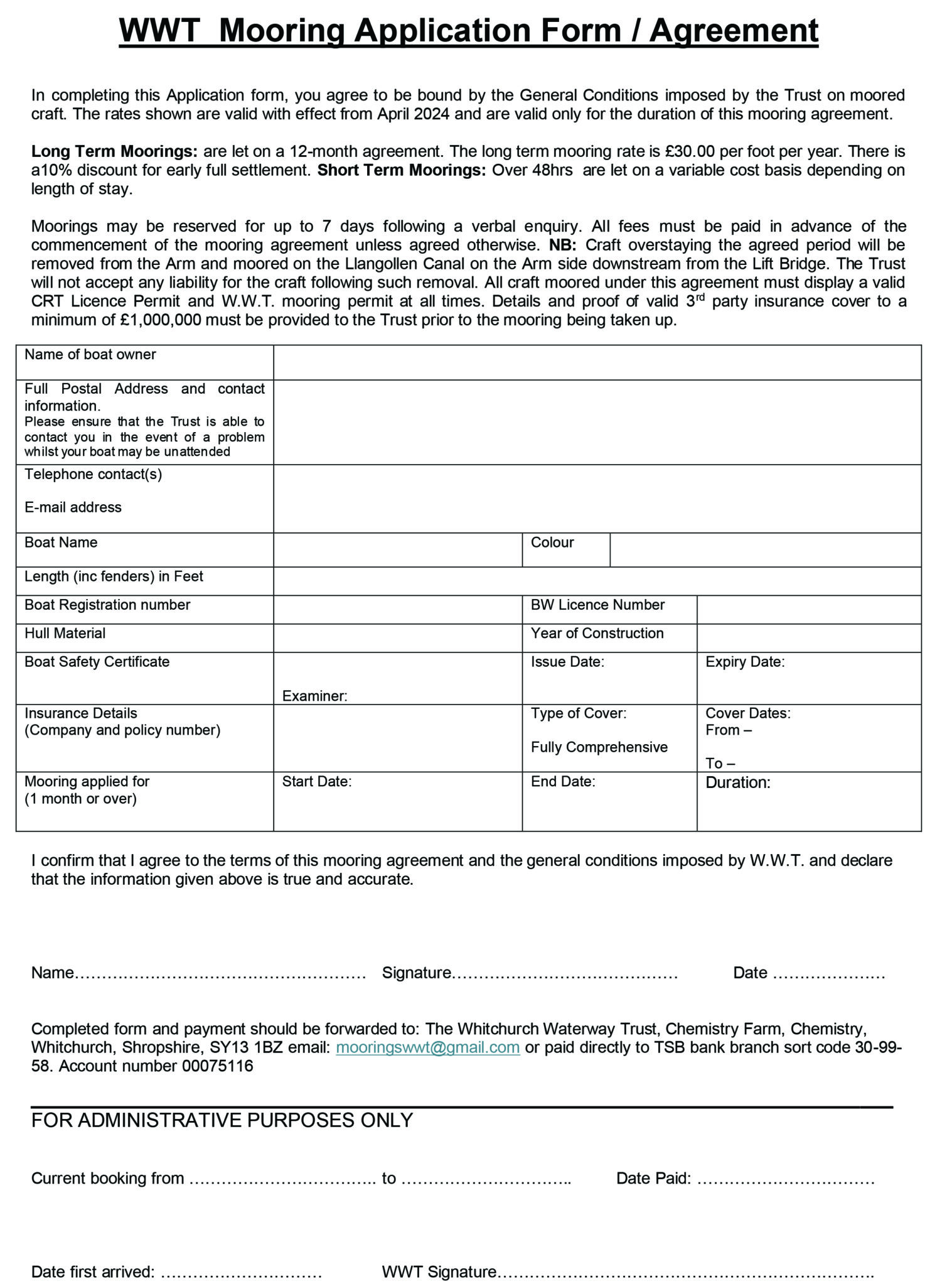Mooring application – Whitchurch Waterway